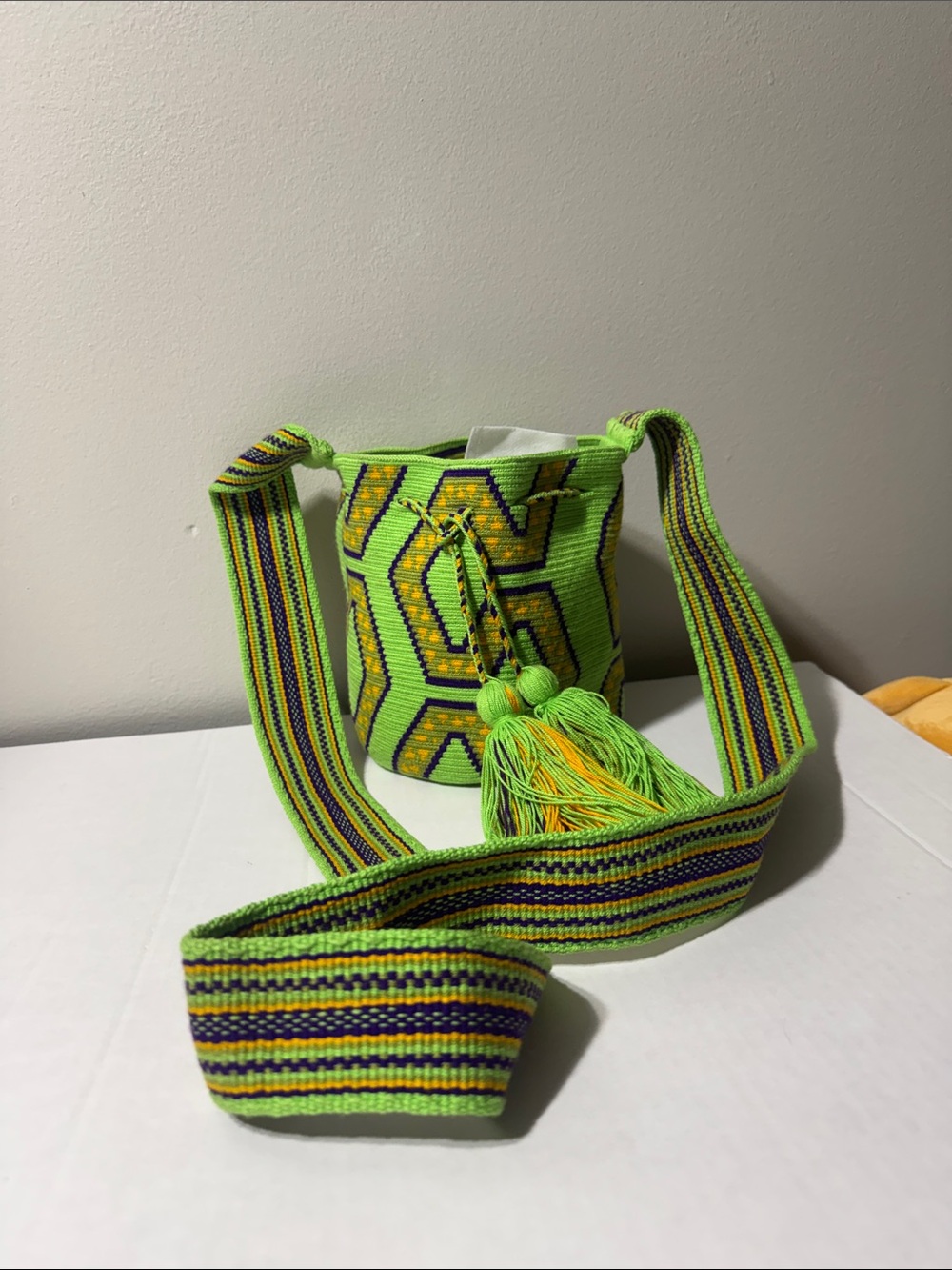 Wayuu Handwoven Lime Green Geometric Bucket Bag